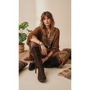 Jimmy Choo Suede Women's 9 Festival Rabbit Fur Boho Aztec Trim Boots Chocolate